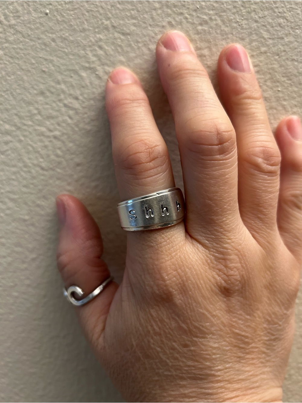 Silver Plated Stamped 'Shhh' Wide Band Ring
